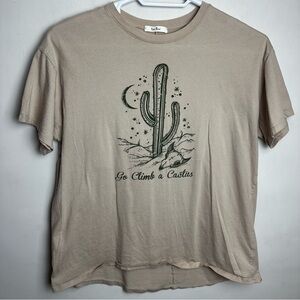 Tres Bien Go Climb A Cactus Shirt 100% Cotton Women's Size Petite Large Tan